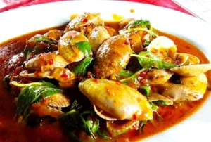 The Hirshon Thai Spicy Clams With Basil and Roasted Chili Sauce - หอยลายผัดพริกเผา