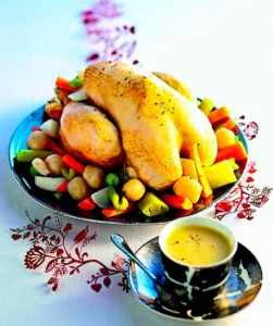 The Hirshon French Imperial Stuffed And Boiled Chicken With Vegetables and Sauce Gribiche - Poule au Pot